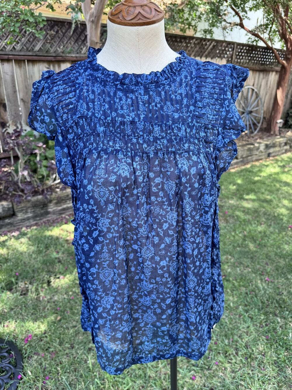 Beachlunchlounge Floral Smocked Ruffle Sheer Blouse Blue Small Petite Cotton